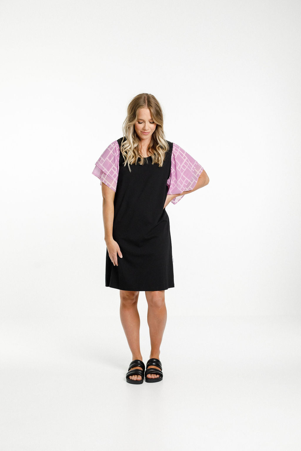 Lola Dress - Sale - Black with Pink Bloom Print Sleeves