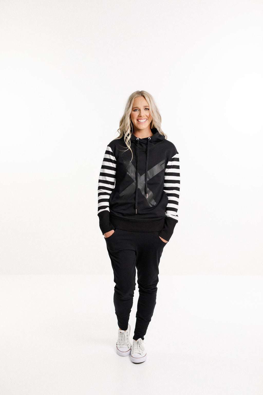 Hooded Sweatshirt - Black with Black & White stripe sleeves and X print