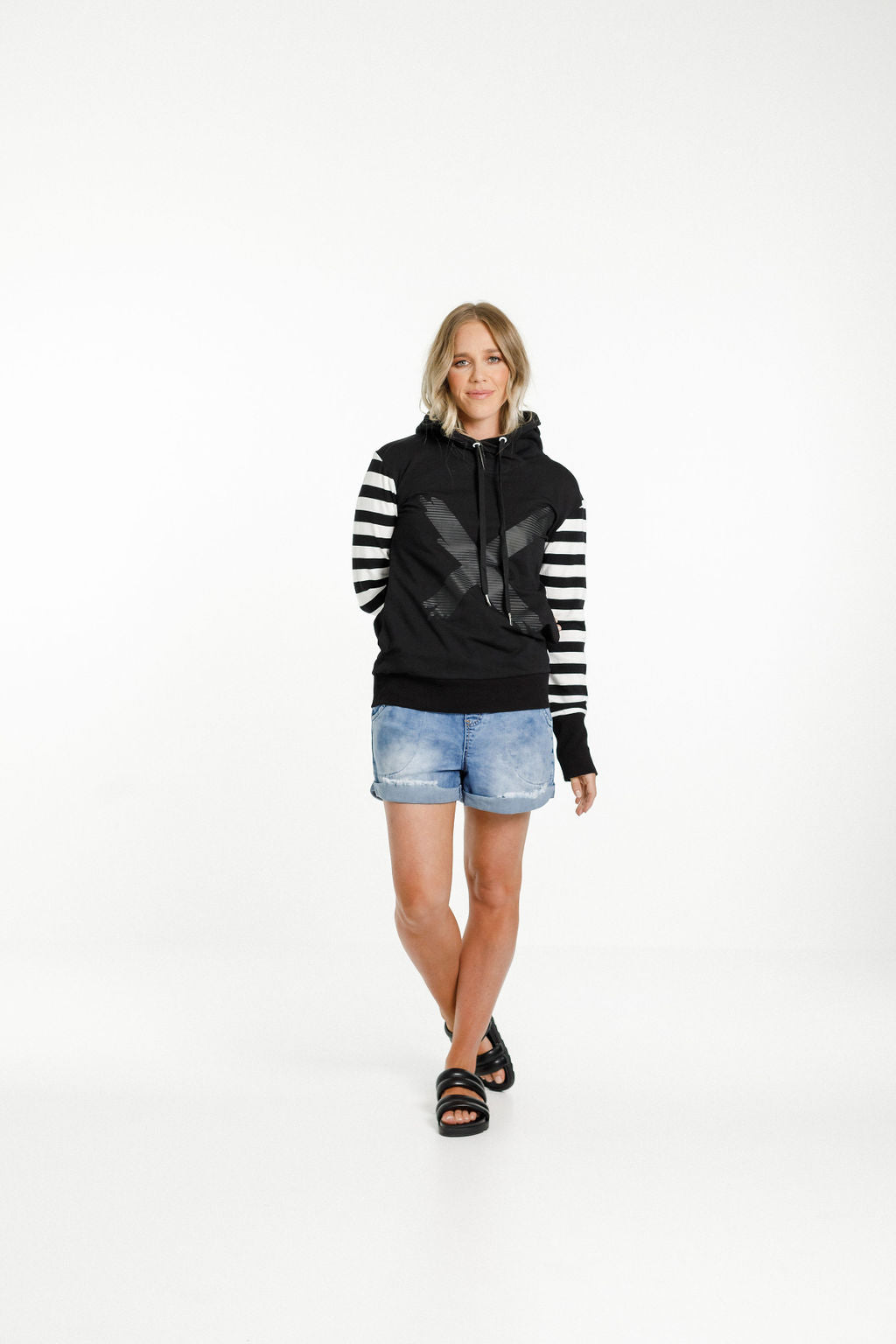 Hooded Sweatshirt - Black with Black & White stripe sleeves and X print