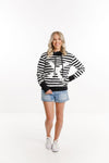 Hooded Sweatshirt - Black and White Stripes with White X