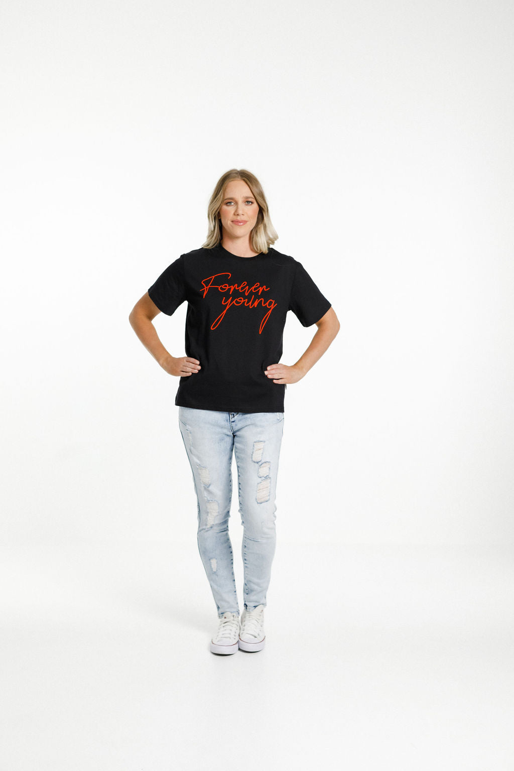 Chris Tee - Sale - Black with Chilli Red Flocked Forever Young